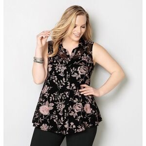 Womens Boho Whimsygoth Tunic Top Sz 18/20 Black Mesh Floral Embroidered  Blouse